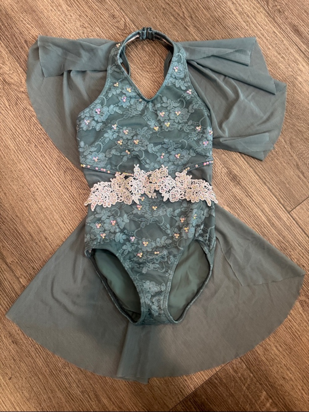 Weissman Teal Lace Bodysuit with Pink Beaded Appliqué
